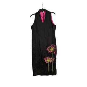 Sharon Young Black Sleeveless Dress Pink Floral Embroidery Size 10 Made In USA
